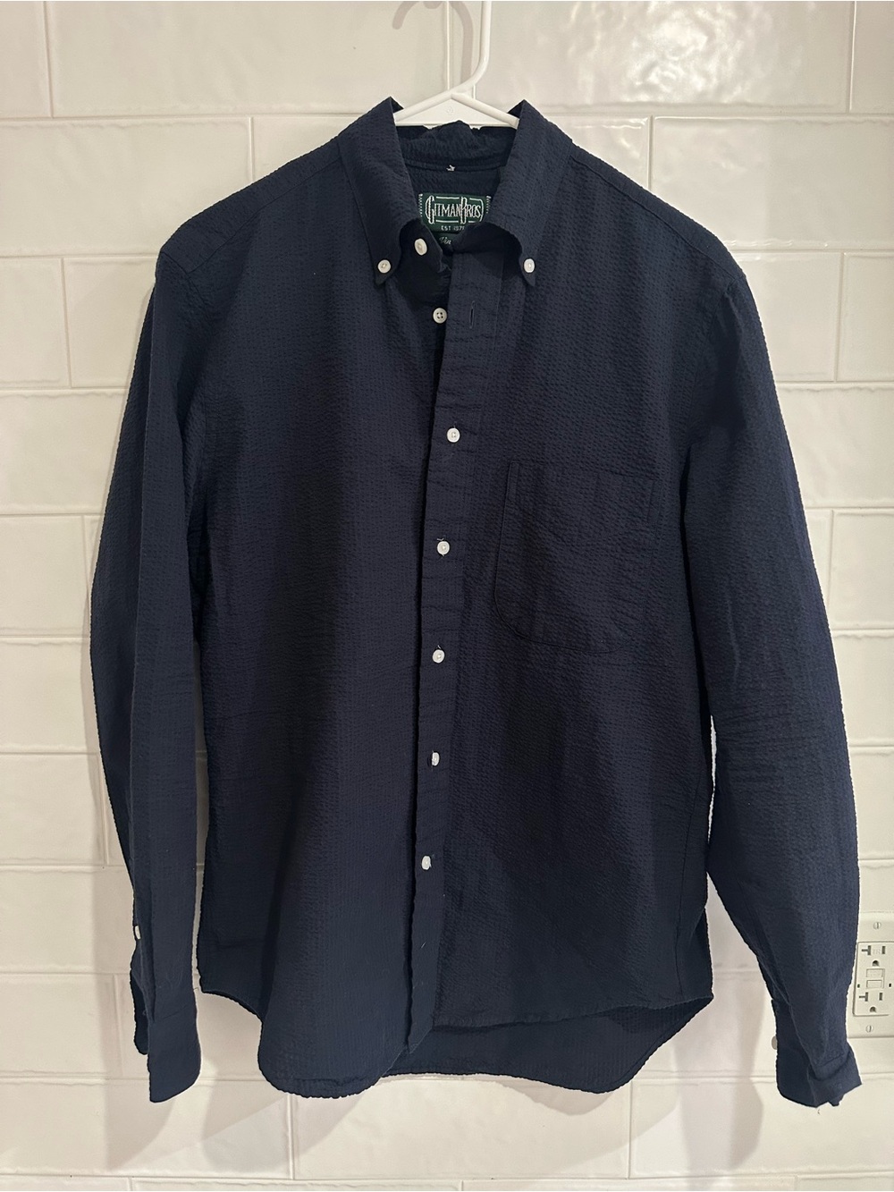 Gitman Bros Vintage Navy Blue Oxford Seersucker Shirt Size Small Button Men